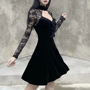 InsDoit Gotikos Seksualus Tuščiaviduriai Out Juoda Suknelė Vintage Aksomo Aukšto Juosmens Mini Suknelė Lady Elegantiškas Pynimas Akių Ilgomis Rankovėmis Suknelė