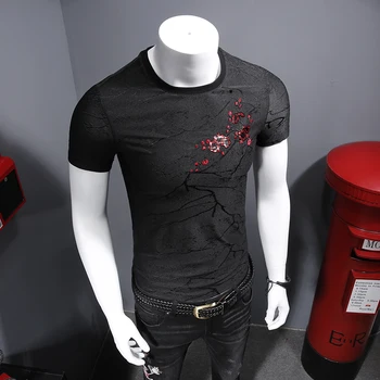 Išsiuvinėti blizgučiai slyvų modelis high-end luxury trumpas rankovės marškinėliai Vasaros 2018 Naujos kokybės tencel minkštas kvėpuojantis marškinėliai vyrams