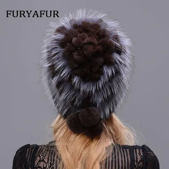 JERYAFUR Mados Lapių Kailiai, Triušių plaukų Kailiniai Skrybėlės Moterims Prabangos Nekilnojamojo Audinės Kepurės Šiltas Žiemą Moteris beanies