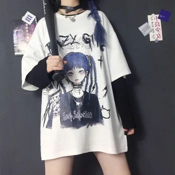 Japonų hip-hop mielos moterys tshirts Harajuku punk, gothic negabaritinių marškinėliai Kawaii estetinės ropa mujer draugais viršūnes grafinis tee