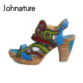 Johnature Natūralios Odos Moterų Sandalai 2020 Naujas Vasaros Retro Maišyti Spalvas Siuvimo Dirželio Sagtis Aikštėje Kulno Atsitiktinis Moterų Batai