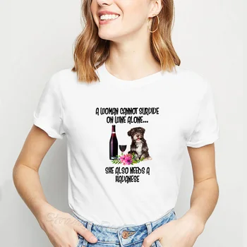 Juokinga Mada Moterims Marškinėlius Moteris Negali Išgyventi Vyno Vien Ji taip Pat Turi Havanese Kalyte T-shirt Tumblr Drabužius Viršūnes Tee