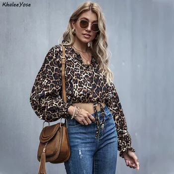 KHALEE YOSE Leopard Apkarpytos Blosue Marškinėliai Tvarstis Seksualus Palaidinės V-kaklo, Ilgai Žibintų Rankovės Ponios Marškinėliai Viršuje Moterų Streetwear