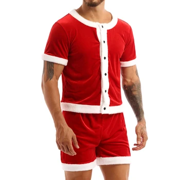 Kalėdų Suaugusiems Santa Claus Cosplay Kostiumas Vyrams Trumpomis Rankovėmis Drabužius Vyrų Fancy Dress Seksuali Žiemos Kalėdų Vakarėlį Kostiumas