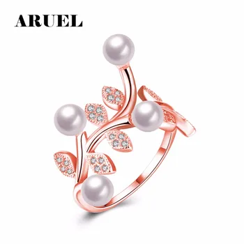Karšto Pardavimo Romantiškas Gėlių Lapų Vestuvių Papuošalų Mados Kristalų Imituoti Pearl Žiedai Moterų Mergina Šalies Dalyvavimą Bijoux, Aukso Spalvos