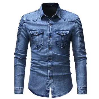 Karšto pardavimui, iki 2018 m. Rudenį nauji vyriški džinsai marškinėliai mados vyriški slim atsitiktinis ilgomis rankovėmis medvilnės marškinėliai Single-breasted juoda mėlyna 3XL