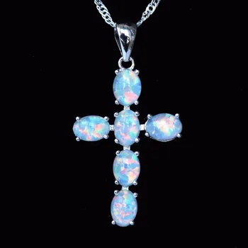 Kietas Krikščionių Kryžius Dizaino White / Blue Fire Opal Karoliai Pakabukas
