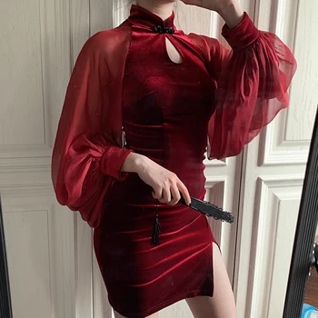 Kinų Stiliaus Gotikos Cheongsam Seksuali Moteris Slim Aksomo Akių Kratinys Moteriška Suknelė