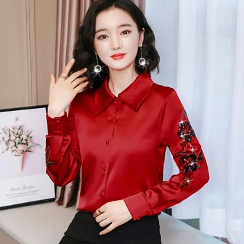 Korėjos Šilko Moterų Marškinėliai Moterims ilgomis Rankovėmis Satin Palaidinės OLIS Viršūnes Plius Dydis Blusas Femininas Elegante Blusas Mujer De Moda 2020 m.