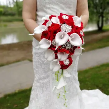 Krioklys Raudona Vestuvių Gėlės, Vestuvių Puokštės Dirbtiniai Perlai, Krištolas Vestuvių Puokštės De Mariage букет невесты