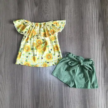 Kūdikių mergaičių vasaros komplektus saulėgrąžų marškinėliai su žalia šortai mergaitėms klasikinis komplektai