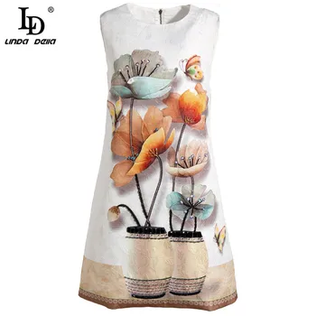 LD LINDA DELLA Dizaineris Vasaros Elegantiška Suknelė Moterų Mados kilimo ir tūpimo Tako Derliaus Gėlių Žakardo Duobute Stilingas Šalis Trumpos Suknelės