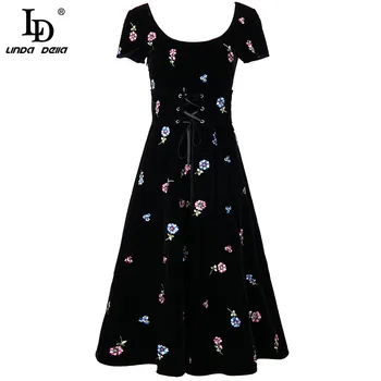 LD LINDA DELLA Mados kilimo ir tūpimo Tako Vasaros Vintage Suknelė Moterims trumpomis Rankovėmis Puošnus Gėlių Siuvinėjimas Velvet Black Midi Suknelė Vestido