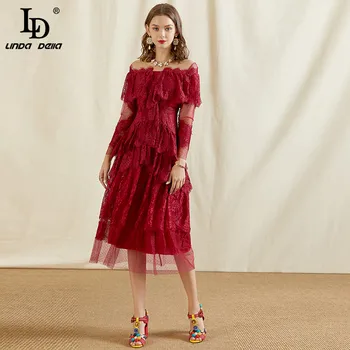 LD LINDA DELLA Rudens Mados Dizaineris Raudonos Nėrinių Suknelė Moterims ilgomis Rankovėmis Pakopų Pynimas Akių Kratinys Elegantiškas Šalis Suknelės 2020 m.