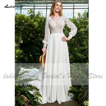 Lakshmigown Reljefiniai Ilgomis Rankovėmis Nuotakos Suknelė Moterų Plius Dydis Boho Vestuvių Suknelės 2021 Vestuvių Linijos Vestuvių Suknelė Nėriniai Atgal