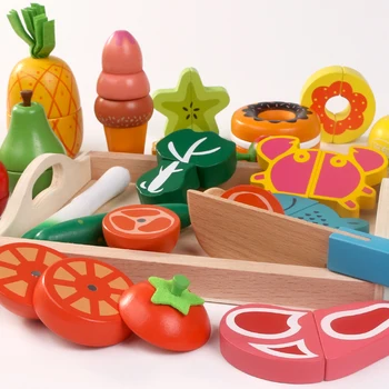 Logwood Mediniai vaikai klasikinis modeliavimas virtuvės žaislai, pjovimo vaisių ir daržovių desertas Montessori Ugdymo žaislai, dovanos