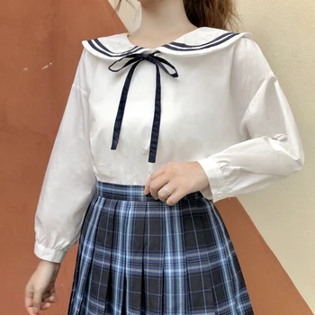 Lolita Sailor Stilių Rudenį Medvilnės Moterų Marškinėliai Ilgomis Rankovėmis Balti Marškiniai Viršuje Moterų Atsitiktinis Palaidų Kietas Vintage Palaidinė Marškinėliai