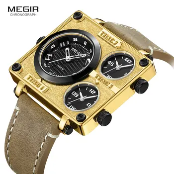 MEGIR vyriški Laikrodžiai Mens Kvarco Atsitiktinis Odinis Dirželis Laikrodį Sporto Žmogus Multi-Laiko Juosta Karinių Vyrų Watch Laikrodis Relogios