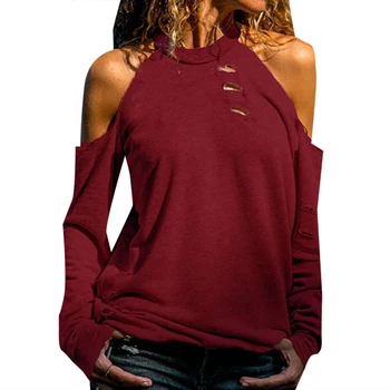 Mada moterims seksualus stebėjimo ilgomis rankovėmis O-kaklo marškinėliai mados gatvė skylę tuščiaviduriai atsitiktinis megztinis marškinėliai Seksuali Moteris Rudens