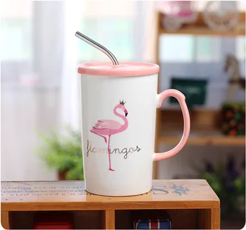 Mados Keramikos Šiaudų Puodelis flamingo dizaino, Keramikos Puodelis Vandens Gerti Kavos Puodelio Studentų Pieno Puodelio Mišinio Spalva