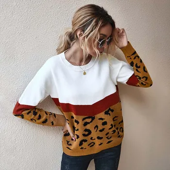 Mados Leopard Kratinys Moterų Megztinis Atsitiktinis Palaidų Ilgomis Rankovėmis Streetwear Puloveriai Plius Dydis W625