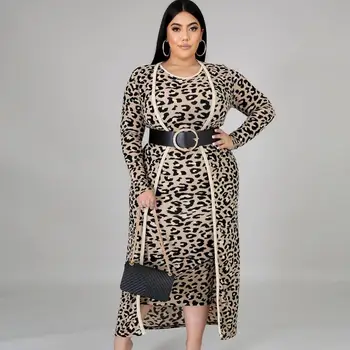 Mados Moterų Atsitiktinis Leopardas Spausdinimo Dviejų Dalių Rinkiniai Liesas Vest Bodycon Vidurio Blauzdos Suknelės Megztinis Ilgomis Rankovėmis Paltai Komplektai