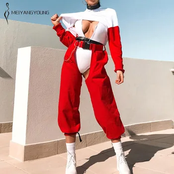 Mados Raudona Atvira Tarpkojo Kelnės Moterims Streetwear Didelis Juosmens, Palaidi Hip-Hop Seksualus Kelnės Rudenį Haremo Kelnės