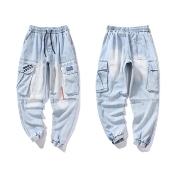 Mados Streetwear Vyrų Džinsus, Šviesiai Mėlyna Palaidi Tinka Multi Kišenės Atsitiktinis Krovinių Kelnės Dizaineris Hip-Hop Poilsiu Pločio Kojų Kelnės