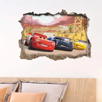 Mcqueen Automobilių Lipdukas Sienos, Vaikų Kambario Berniukai 3D Peizažai Lenktynių Netikrą Langą Lipdukai Freskomis Dekoro Sienoms Vaikų Apdaila