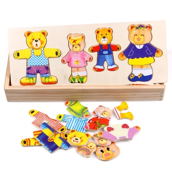 Mediniai Lokys Persirengti Klasikinis Bear Šeimos Suknelė Dėlionės Vaikų Švietimo Medinių Žaislų Kūrybos Mediniai Žaislai