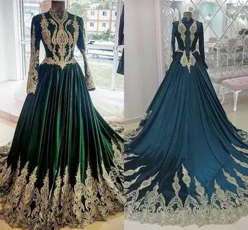 Medžiotojas Žalsvai Musulmonų Kaftan Caftan Ilgomis Rankovėmis Vakarą Oficialią Suknelės Aukso Nėrinių Aplikacijos Dubajus Arabų Plius Dydis Prom Dress