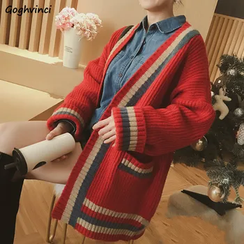 Megztinis Moterims Retro Dryžuotas Panelled Korėjos Stiliaus Pusėje Kišenėje Atidaryti Dygsnio Pavasarį Naujas Megztinis Viršūnes Prarasti Atsitiktinis Mados Studentai
