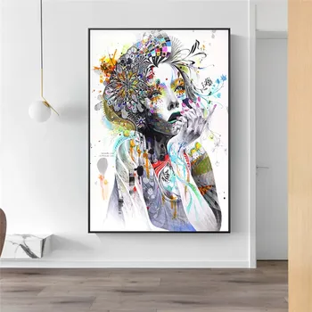 Mergina Su Gėlėmis Abstrakčios Drobės Meno Mergina Su Drugelio Sienos Plakatus Pop Art Sienos Meno Kambarį Namų Dekoro