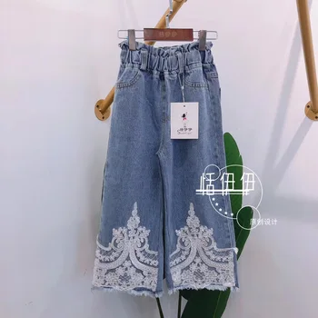 Merginos džinsai 2020 m. rudenį naujų korėjos stiliaus vaikų vakarų stiliaus nėrinių džinsinis platus-kojų kelnės