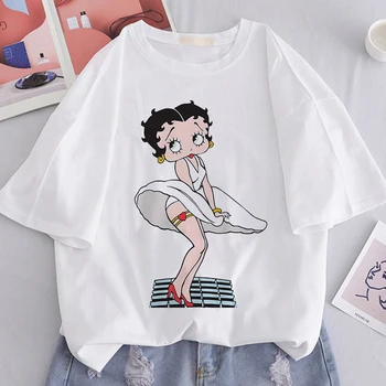 Mielas Grafinis T-shirts Betty Boop Mažylis Spausdinti Moterų Harajuku Estetinės trumpomis Rankovėmis Marškinėlius Korėja Mados Balta Moterų Marškinėliai