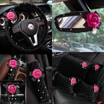 Mielas Pliušinis Rožių Gėlių Kristalų Automobilio Sėdynės Interjero Vairas Padengti Pagalvėlės Pavarų Shifter Padengti Rankinio Stabdžio Padengti Priedai