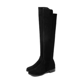 MoonMeek dydis 33-43 mados rudens-žiemos batai moterims, suapvalinti tne per kelius siekiantys batai mažo kulno, stretch audinys+karvės odos batai