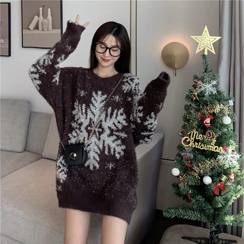 Moteris Kalėdų Megztiniai 2020 Korėjos Atsitiktinis O-Kaklo Aukso Snaigės Modelio Negabaritinių Šiltas Megztinis Megztinis Ilgomis Rankovėmis Trikotažas