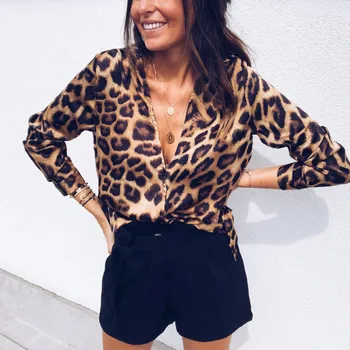 Moterys, Ponios Leopard Print T-shirts 2018 metų mados rudenį ilgomis rankovėmis atsitiktinis palaidų Viršūnes Giliai V Kaklo streetwear pollover viršūnės