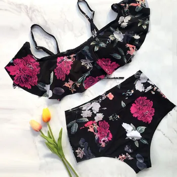 Moterų 2018 m. Vasaros Gėlių spausdinti bikini užskaityti Ruffles Pečių paminkštinimu tvarstis Plaukti Kostiumai Nėrinių Aukšto juosmens moterų Plaukti Dėvėti karšto