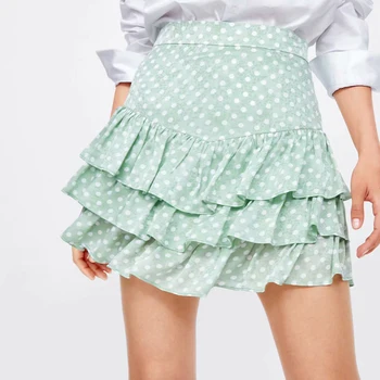 Moterų 2019 Polka Dot Spausdinti Za Žalia Mini Sijonas Vasaros Mados Moterų Plisuotas Raukiniai Sijonai Sweet Lady faldas mujer moda