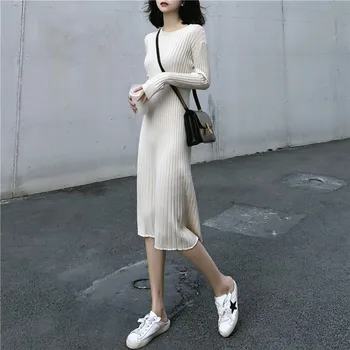 Moterų Atsitiktinis Maxi Suknelė 2019 M. Rudenį Korėjos Slim Ilgos Suknelės, Megztiniai Ilgomis Rankovėmis Suknelė