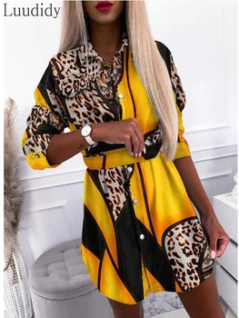 Moterų Elegantiškas Ilgas Rankoves Leopard Kratinys Mygtuką Dizainas Ilgomis Rankovėmis Marškinėliai Suknelė