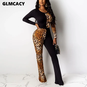 Moterų Leopardas Spausdinti Ilgomis Rankovėmis Bodycon Jumpsuit Pločio Kojų Ruožas Prašmatnus Sexy & Klubo Streetwear Liesas Moteris, Bendras