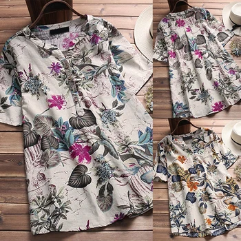 Moterų Lino Palaidinė Marškinėliai 2019 M. Vasarą trumpomis Rankovėmis Mygtuką Viršūnes Moterų V-Kaklo Gėlių Spausdinti Atsitiktinis Laisvi Marškinėliai Femme Blusas