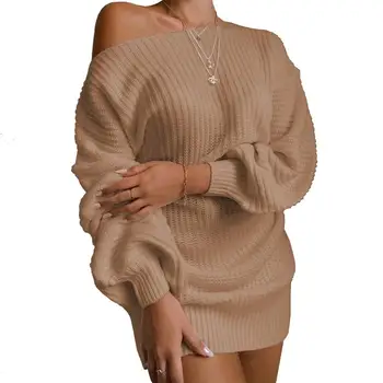 Moterų Megztinis Vieną Petį Megzti Slim Suknelė Rudens Žiemos vientisos Spalvos Šiltas Minkštas Megztinis Atsitiktinis Palaidų O-kaklo Ilgi Megztiniai