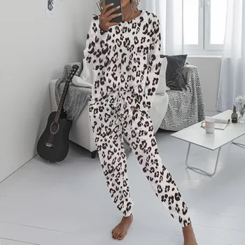 Moterų Pižama Nustatyti Atsitiktinis Leopardas Spausdinti Homewear Moteris Rudens-Žiemos Pižamos Ilgas Kelnes Sleepwear Pajama 2-piece Set poliesteris