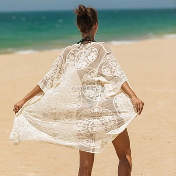 Moterų Sexy Gėlių Nėrinių Bikinis Padengti Ups, Nėrimo Vien Atidaryti Priekyje Megztinis Vientisų Spalvų Maudymosi Kostiumėlis Beach Midi Ilgio Kimono
