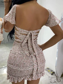 Moterų Sexy Gėlių Tvarstis Backless Pinikai Hem Shirring Dizaino Bodycon Suknelė