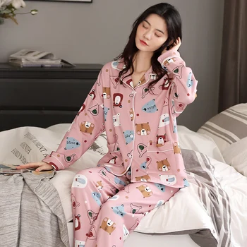 Moterų Sleepwear Plius Dydis 3XL Prarasti Versija Pižama Atvartas, Pavasarį, Rudenį, Pižamos Medvilnės Pižamą Animacinių filmų Nighty ilgomis Rankovėmis PLONAS